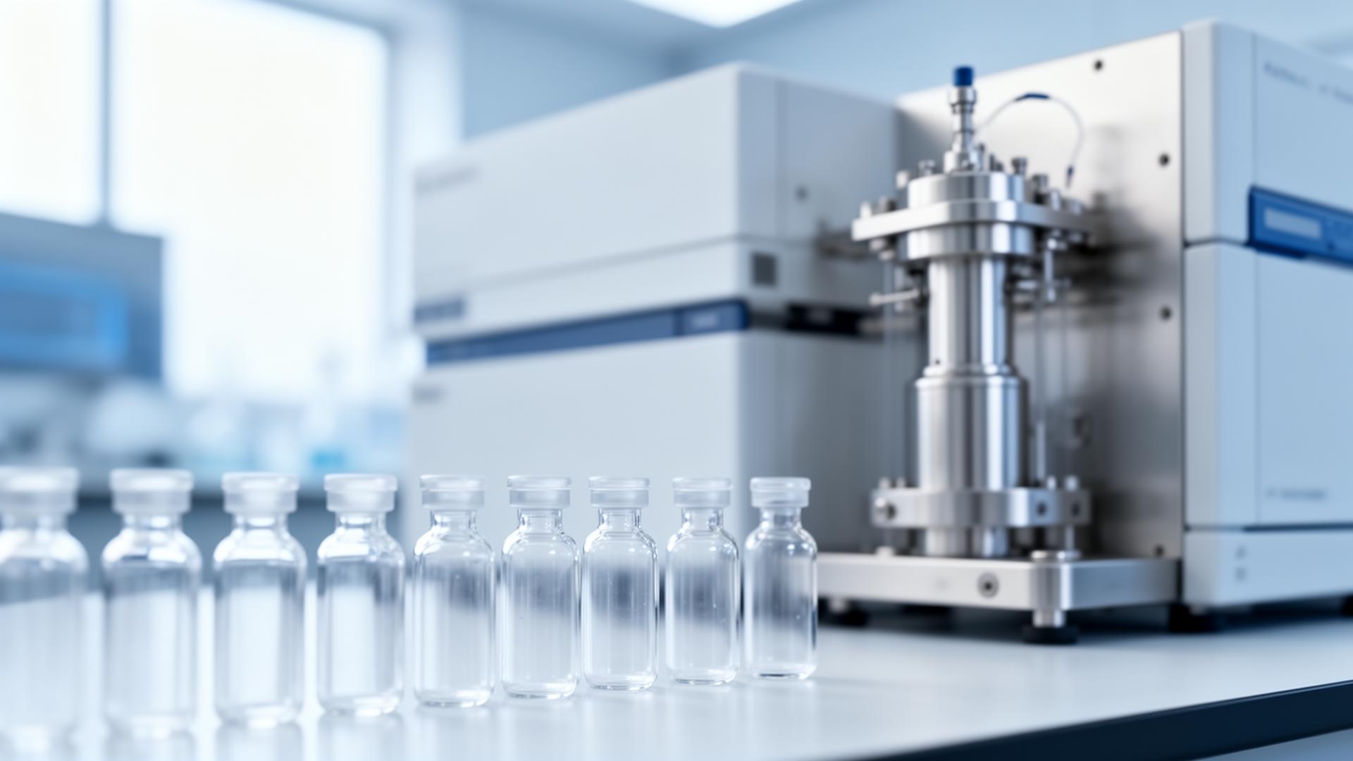 Sealed peptide sample vials staged for independent verification in front of an HPLC chromatography instrument at the CertikLabs analytical chemistry laboratory.