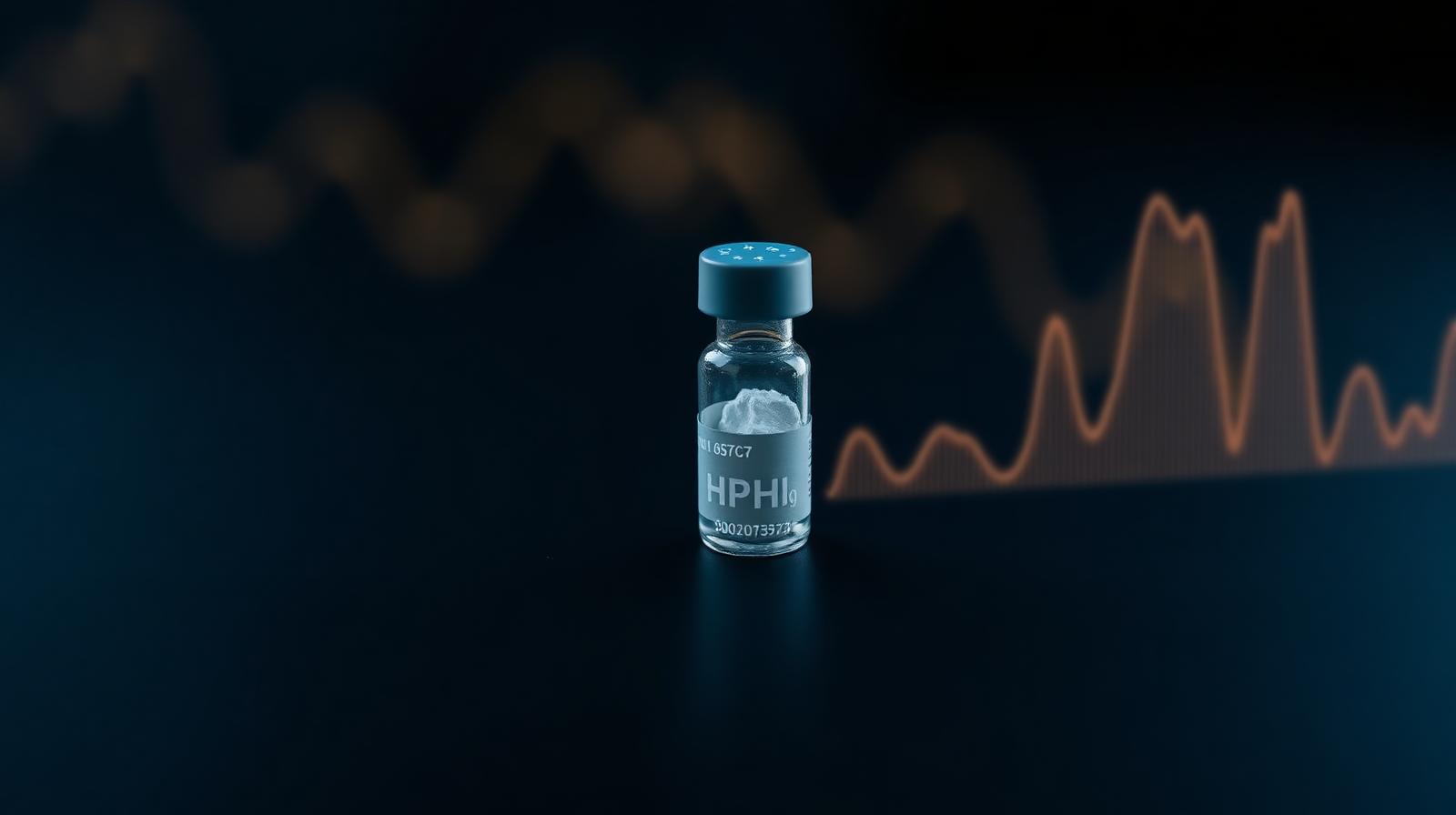 Single lyophilized recombinant HGH reference vial against a dark navy field, overlaid with a faint HPLC and SEC chromatogram trace