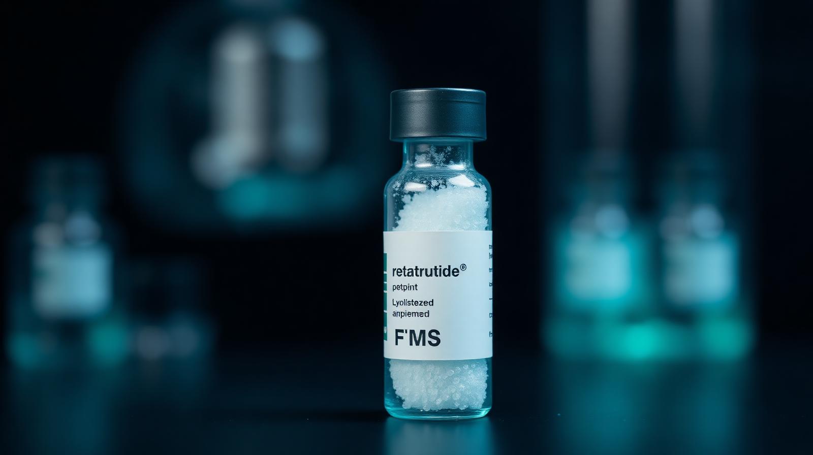 Retatrutide reference vial centered on a dark navy field with a faint amino acid analysis chromatogram overlay