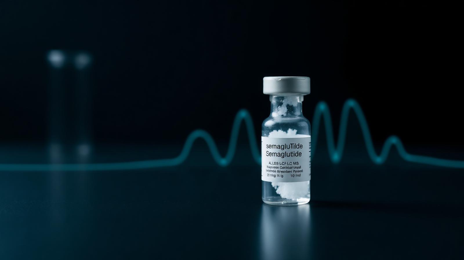 Semaglutide reference vial centered on a dark navy field with a faint deconvoluted mass spectrum overlay
