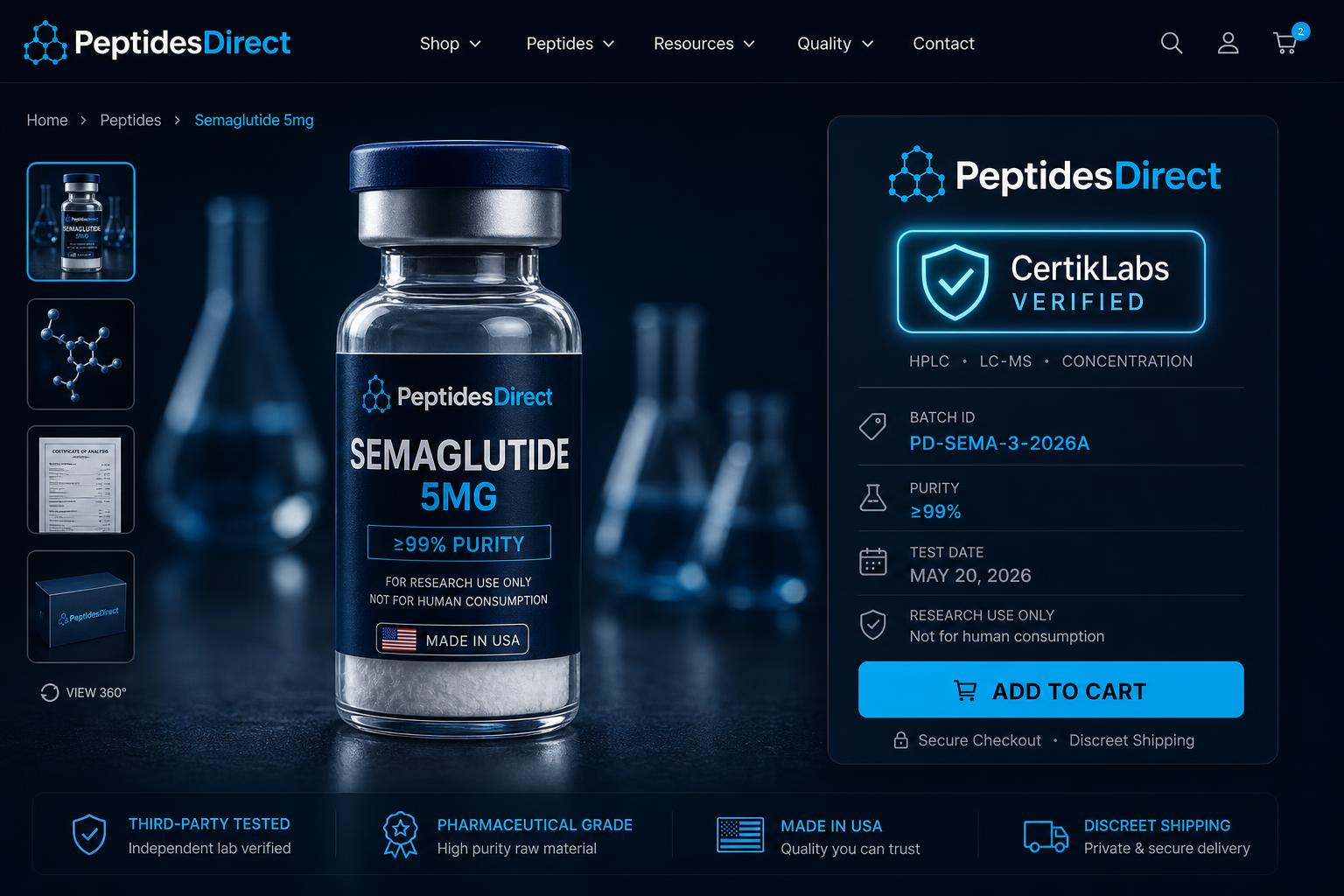 PeptidesDirect product detail page for Semaglutide 5mg with CertikLabs Verified seal, batch ID PD-SEMA-3-2026A, ≥99% purity