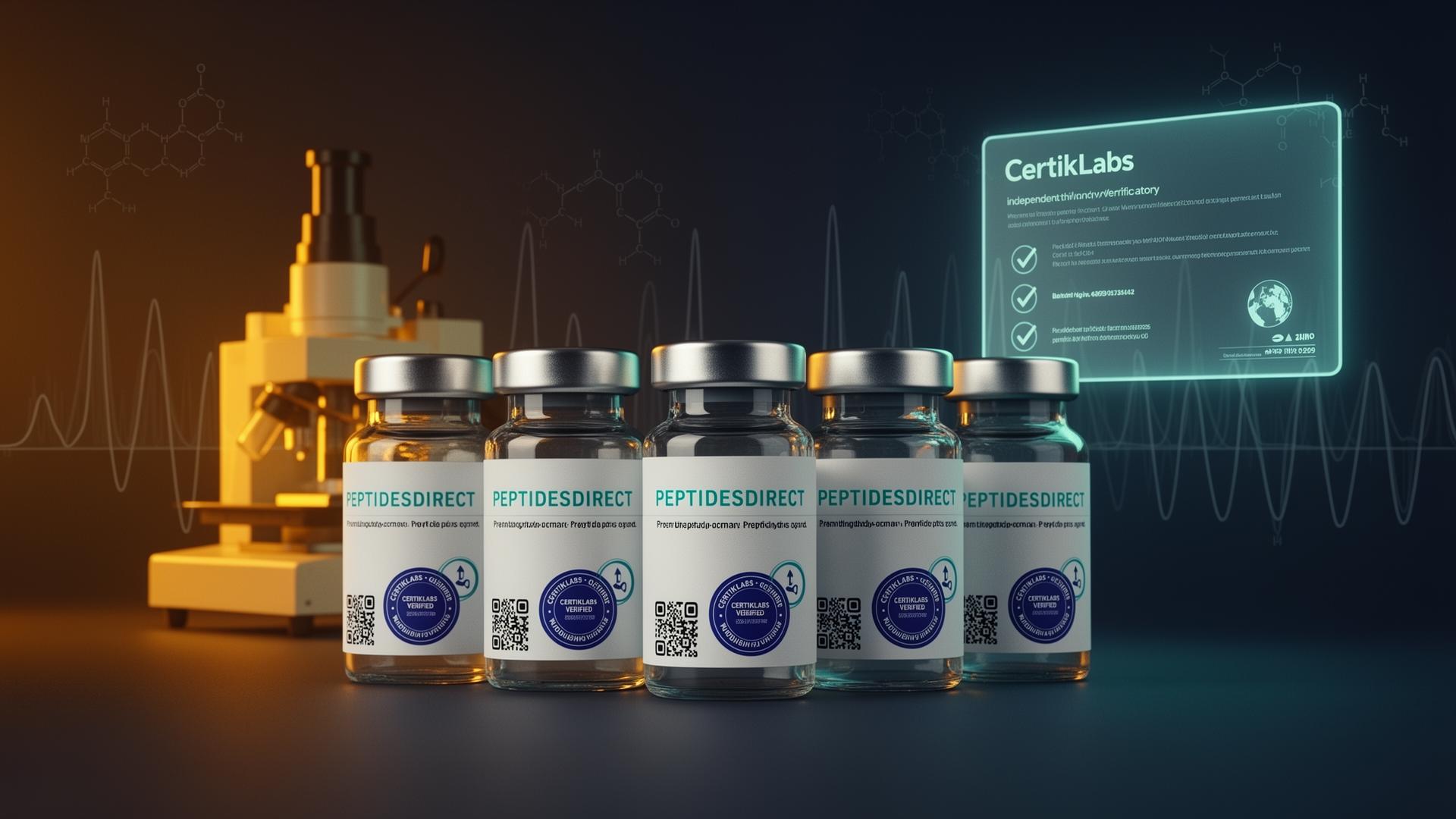PeptidesDirect vials carrying the CertikLabs verified seal, with chromatogram waveforms and a digital certificate panel