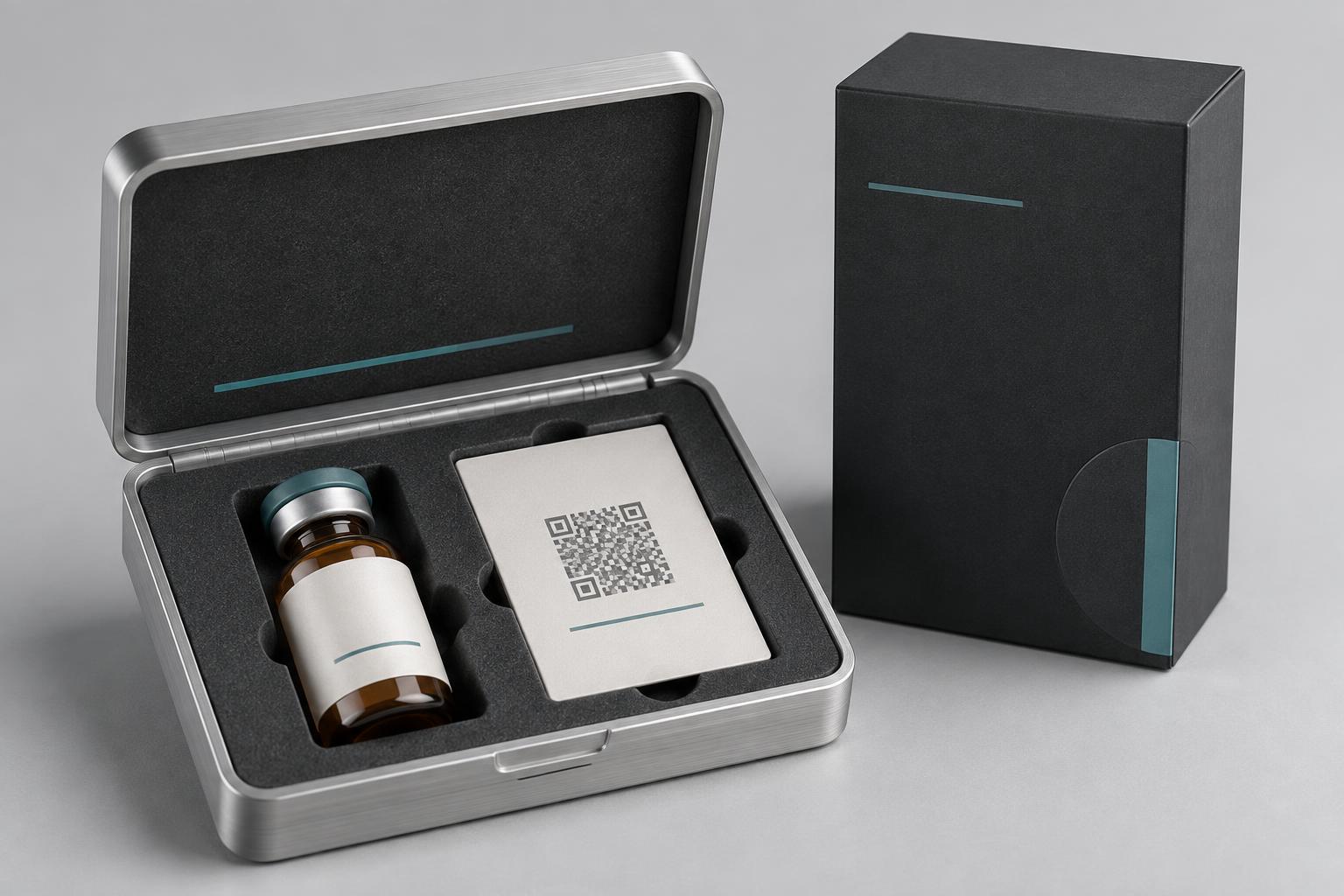 Concept: premium aluminum presentation case with an amber vial, charcoal carton, and scannable certificate insert