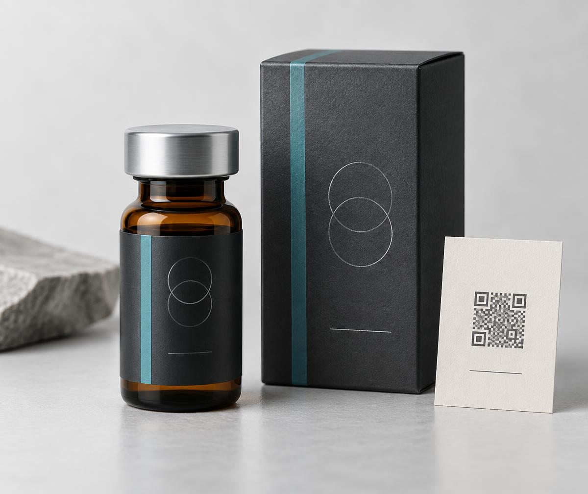 Concept: custom amber research vial and individual graphite carton with a QR-style verification insert